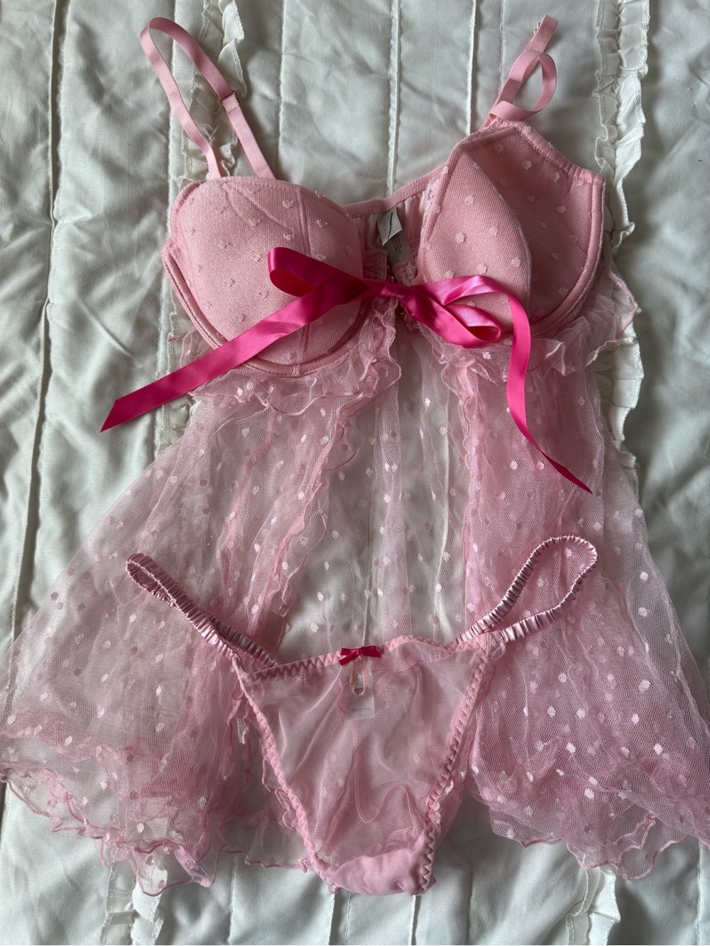 Victoria’s Secret Sheer Pink Dotted fly-away Babydoll with Satin Bow and panties